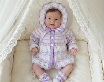 Baby Knitting Pattern PDF – Matinee Coat, Bonnet & Bootees Set | 0–3 Months | DK Yarn | Shifio’s Pattern KP198
