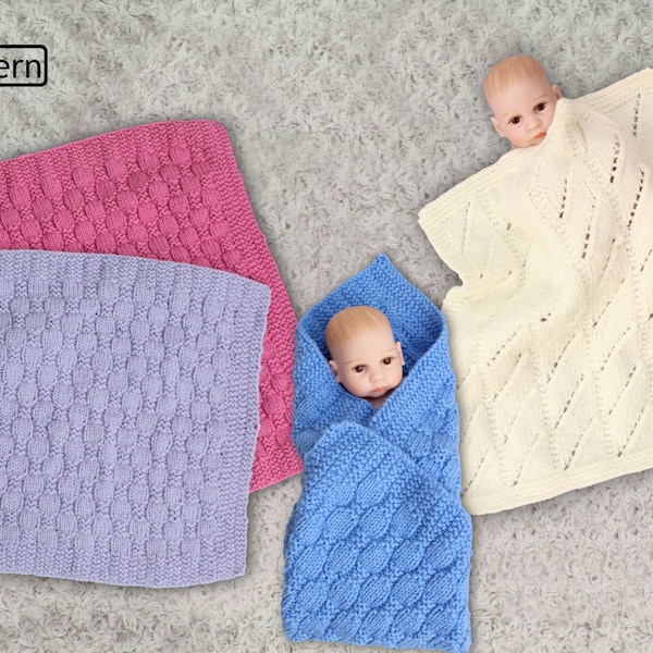 Knitting Pattern for 2 Dolls Blankets - 4 Sizes to fit 10" to 12" Doll and 14" to 16" Doll - Double Knitting Pattern for Doll -KP620