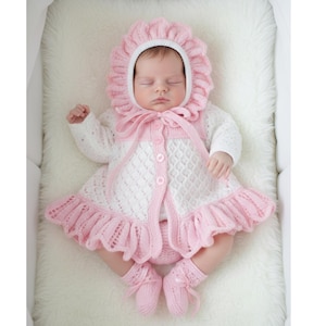 Knitting Pattern for Baby 0–3m – Cute Ruffle Jacket, Bonnet & Booties Set – DK Yarn Pattern for Newborn Girls – Instant PDF Download KP195