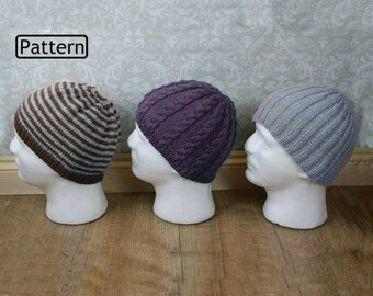 Knitting Pattern- Mens Hat's Pattern - Beanies - Cable Beanie - Ribbed Beanie - Striped Hat, Knitting Pattern KP310