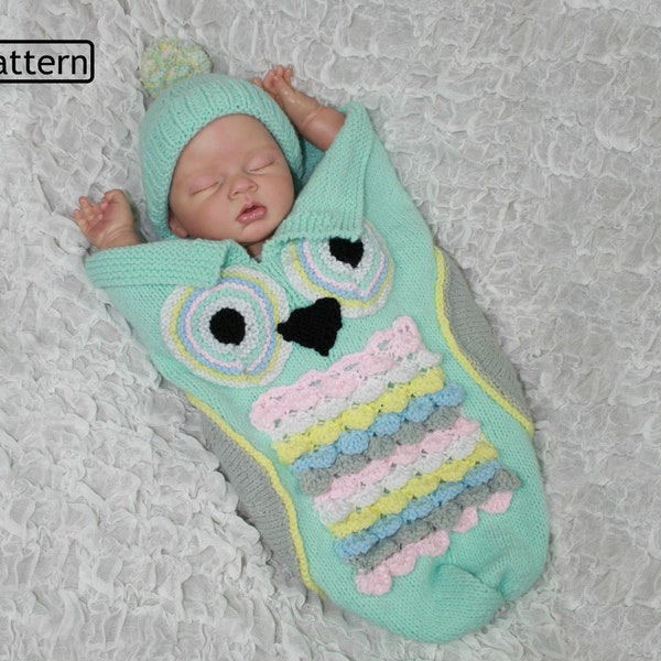 KNITTING PATTERN For Owl Baby Cocoon & Hat - baby cocoon knitting pattern - owl knitting pattern -4 Sizes- KP370 -PDF