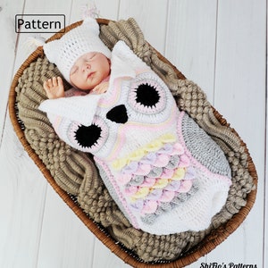 Crochet Pattern Owl Baby Cocoon Papoose Baby Owl Cocoon 3 Sizes Deustch Francais Dutch CP245 image 1