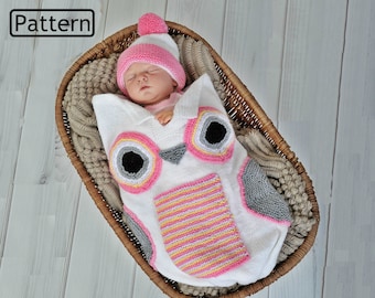 Knitting Pattern - Baby Owl Cocoon - Owl-  Papoose - Sleep Sack - Swaddling - Hat - 3 Sizes - Preemie to 6 months- UK - USA - KP250 PDF