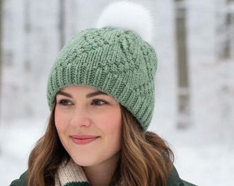 Chunky Knit Hat Pattern PDF | Easy Adult Beanie Pattern | Bulky Yarn Knitting Pattern | Winter Pom Pom Hat DIY KP506