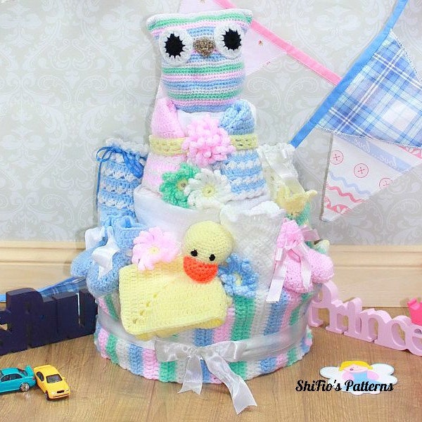 Crochet Pattern -  Baby Nappy Cake - Baby Diaper Cake - Owl Toy - Bib - Booties - Bonnet -Lovey - UK,USA & German terminology - CP222