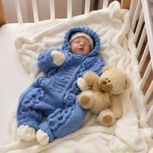 Baby Pram Suit Knitting Pattern 0–6 Months | Cable Knit Hooded Suit with Hat Mitts & Bootees | DK - KP610