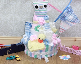 CROCHET PATTERN For Baby Nappy Diaper Cake, Owl Toy, Bib, Booties, Bonnet, Sookie U.K, U.S.A, German PDF 222 Digital Download