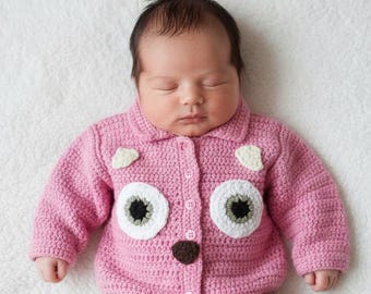 Owl Baby Cardigan Crochet Pattern |CP214 | Aran Yarn | Baby Sweater Pattern | Preemie to 12 Months | Cute Animal Crochet Baby Jacket Pattern