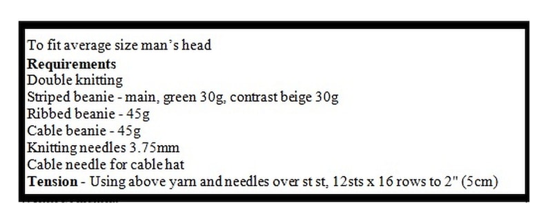 May include: Instructions for knitting a beanie hat in three different styles: striped, ribbed, and cable. The instructions include yarn requirements, knitting needle size, and tension gauge. The tension gauge is 12 stitches by 16 rows to 2 inches (5 cm).
