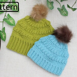 Easy Crochet pattern, Crochet hat pattern, Messy Bun Hat Pattern, Crochet beanie Pom Pom (Toddler, Child, Teen, Adult sizes) Winter CP415