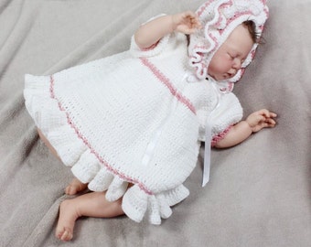 CROCHET PATTERN For Country Baby Easy Frilled Dress & Bonnet  in 5 Sizes PDF 124