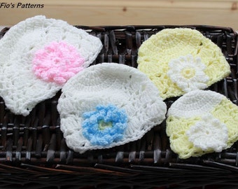 Crochet Baby Pattern - Crochet Beanie Pattern - 4 sizes- (small preemie to 0-3 months) Crochet Flower Hat  #FP1
