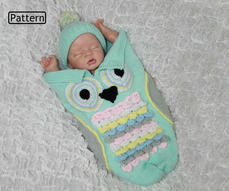 KNITTING PATTERN For Owl Baby Cocoon & Hat baby cocoon knitting pattern owl knitting pattern 4 Sizes KP370 PDF image 1