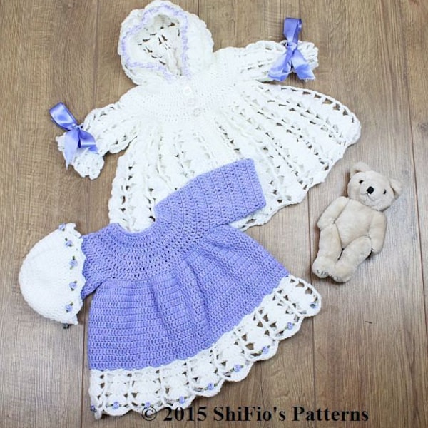 CROCHET PATTERN For Lilac Baby Dress, Hooded Jacket & Hat PDF 158  Digital Download