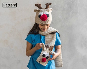 CROCHET PATTERN For Reindeer Christmas Hat & Scarf in 3 Sizes Child, Adult U.K, U.S.A PDF 379 Digital Download