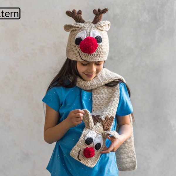 CROCHET PATTERN For Reindeer Christmas Hat & Scarf in 3 Sizes Child, Adult U.K, U.S.A PDF 379 Digital Download
