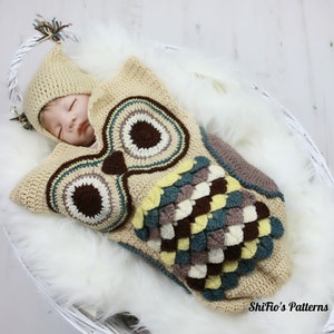 Crochet Pattern Owl Baby Cocoon Papoose Baby Owl Cocoon 3 Sizes Deustch Francais Dutch CP245 image 2