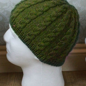 May include: A green knitted hat with a cable knit pattern. The hat is on a white mannequin head.