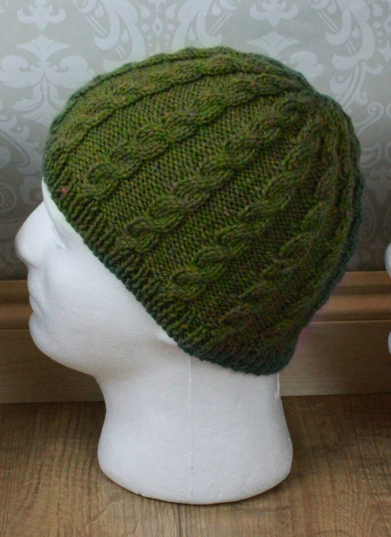 May include: A green knitted hat with a cable knit pattern. The hat is on a white mannequin head.