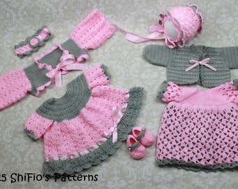 Crochet Pattern -  Baby Dresses x 2 - Shrug Pattern- Cardigan Pattern - Bonnet Hat Pattern- Headband & Shoes Pattern PDF CP25