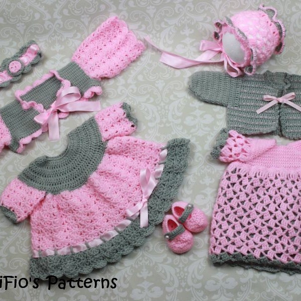 Crochet Pattern -  Baby Dresses x 2 - Shrug Pattern- Cardigan Pattern - Bonnet Hat Pattern- Headband & Shoes Pattern PDF CP25