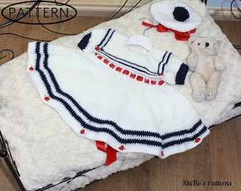 Crochet Pattern for Baby - baby sailor dress - baby hat pattern - 3 Sizes - UK Terms  and USA Terms -Français - Deutsch - CP184 - PDF