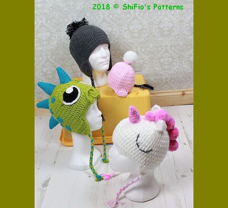 CROCHET PATTERN For Unicorn, Dinosaur, Dragon Hat Beanie in 4 Sizes baby, toddler, child, adult PDF 361 Digital Download image 1