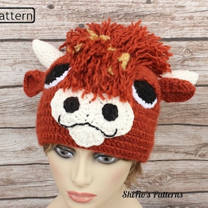 Crochet Pattern - Highland Cow - Highland Coo - Hat - Beanie - 3 sizes - Child - Teen - Adult - CP411 - Instant Download