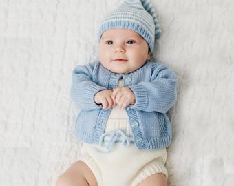 Baby Knitting Pattern Cardigan, Dungaree Shorts, Pixie Hat, Knitting Pattern 3 Sizes DIGITAL DOWNLOAD 176