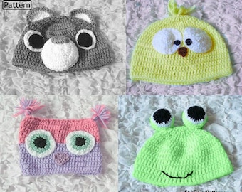 Crochet Pattern For Children's - Animal Hat - Beanie - Owl - Bear - Chick - Frog - 5 Sizes - UK & USA -CP171  Digital Download