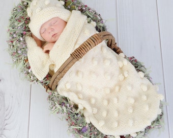 KNITTING PATTERN For Baby Bobble Cocoon, Papoose & Hat in 2 Sizes 0 to 3 months and 3-6 months PDF KP128 Digital Download