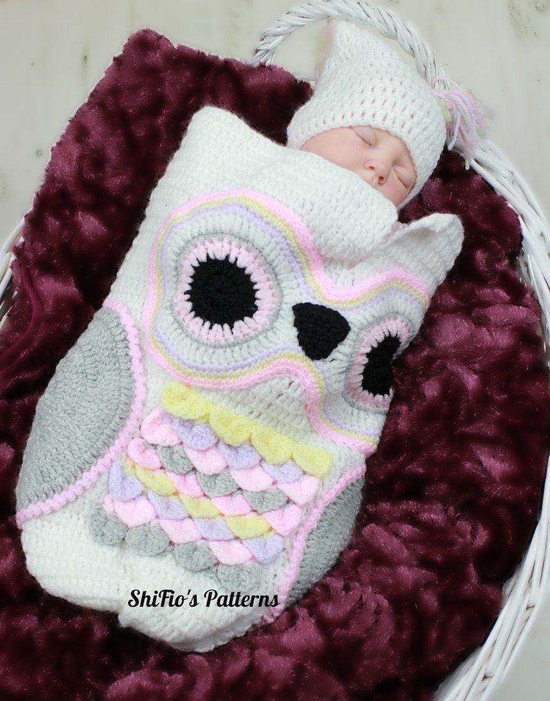 Crochet Pattern Owl Baby Cocoon Papoose Baby Owl Cocoon 3 Sizes Deustch Francais Dutch CP245 image 6