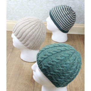 May include: Three knitted hats in different patterns and colors. The hats are displayed on white mannequins. The hats are a striped pattern in green and beige, a ribbed pattern in beige, and a cable knit pattern in green. The text "ShuFio's Patterns" is at the top of the image. The text "KP310 DK Adult" is in the upper right corner of the image. The text "UK" is in the lower right corner of the image.
