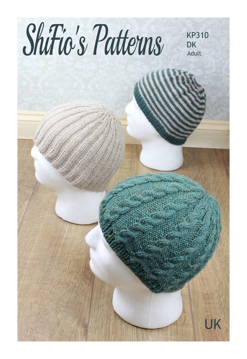 May include: Three knitted hats in different patterns and colors. The hats are displayed on white mannequins. The hats are a striped pattern in green and beige, a ribbed pattern in beige, and a cable knit pattern in green. The text "ShuFio's Patterns" is at the top of the image. The text "KP310 DK Adult" is in the upper right corner of the image. The text "UK" is in the lower right corner of the image.