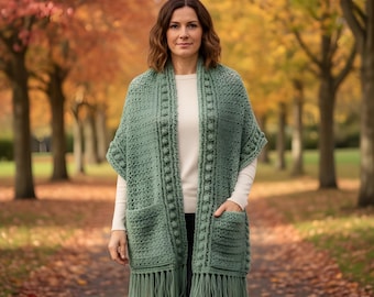 Crochet Pattern - Crochet Pocket Scarf Pattern - Wrap with Pockets Pattern - Boho Chunky Crochet Shawl with Fringe Pattern - CP425