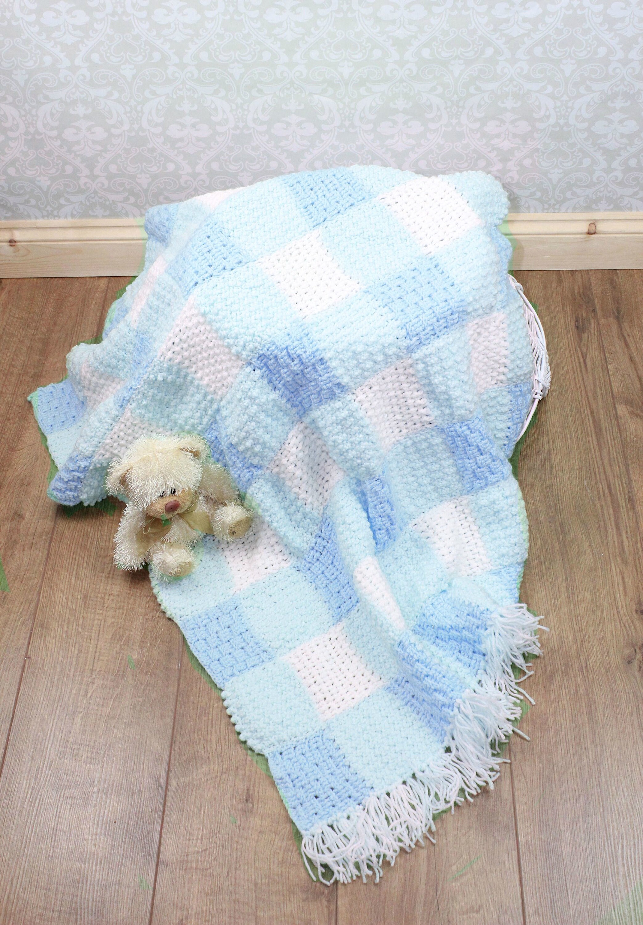 CROCHET PATTERN for Baby Gingham Pram, Moses Basket, Blanket
