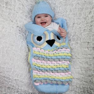 KNITTING PATTERN For Owl Baby Cocoon & Hat baby cocoon knitting pattern owl knitting pattern 4 Sizes KP370 PDF image 4