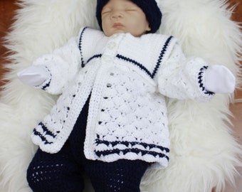 CROCHET PATTERN For Baby Sailor Boy Suit, Pants, Jacket, Beanie in 3 Sizes cp17 Digital Download