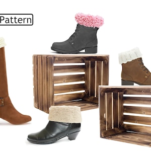 May include: Three pairs of boots with different colored knit cuffs, displayed on wooden crates. The boots are brown, gray, and black. The text "Pattern" is visible in the top left corner of the image.