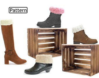 May include: Three pairs of boots with different colored knit cuffs, displayed on wooden crates. The boots are brown, gray, and black. The text "Pattern" is visible in the top left corner of the image.