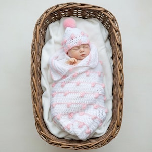 Baby Cocoon & Hat Crochet Pattern | ShiFio’s CP223 | Bobble Stitch Baby Wrap | Preemie, Newborn and 3–6 Months | Easy Crochet Baby Set