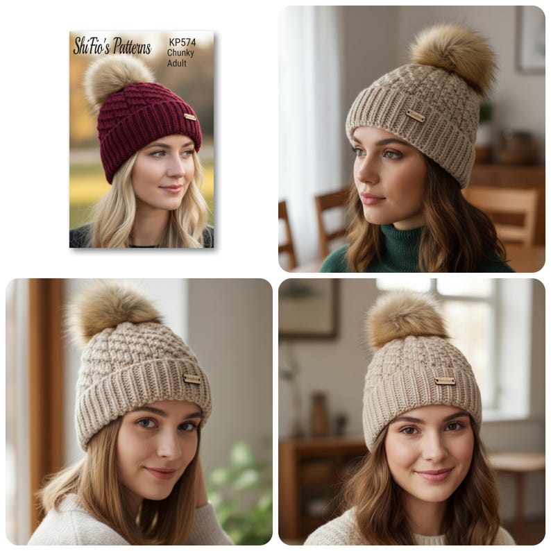 Chunky Knit Hat Pattern PDF, Adult Winter Beanie With Pom Pom, Easy ...