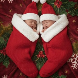 May include: Two sleeping babies wearing red Santa hats with white trim and pom-poms, nestled in red Christmas stockings with white cuffs. The babies are on a red and green patterned blanket, creating a festive holiday scene.