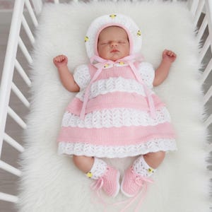 KNITTING PATTERN For Lacey Layers Baby Dress, Bonnet & Bootees , Baby knitting pattern , PDF, KP92 Digital Download