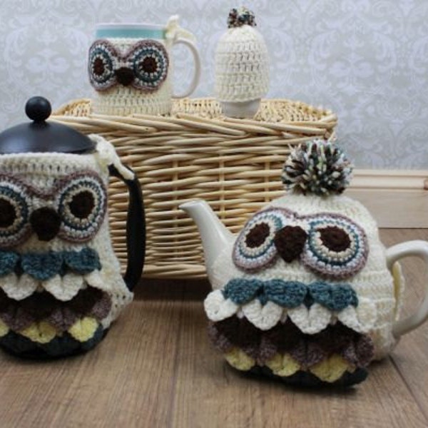 Crochet Pattern For Owl Cafetiere Cover, Teapot, Mug and Egg Cozy USA, UK PDF 249