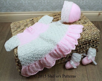 KNITTING PATTERN For Baby Double Trellis Dress, Bonnet & Bootees PDF 192 Digital Download