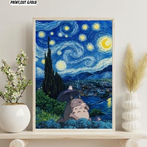 Arte mural de Totoro: La noche estrellada, Studio Ghibli x Van Gogh, Arte mural de anime, Arte japonés, Decoración caprichosa, Vincent Van Gogh: La noche estrellada