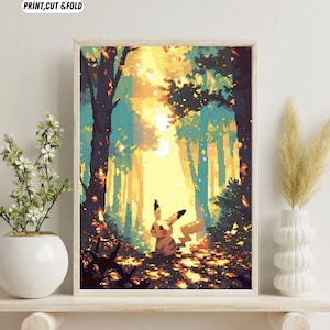 Pikachu Pixel Art Forest Print, Gaming Inspired Wall Art, Kids Room,Stardew Valley Poster,Pokemon Poster,Landscape Painting,Japanese Art