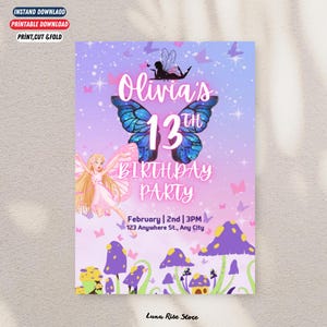 13. Geburtstag Fee Einladungskarte | Schmetterling Print|13. Geburtstagseinladung | Geburtstagseinladung Vorlagen | Quinceanera Einladung