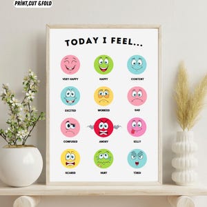 Cartaz com o gráfico "Hoje eu sinto emoções" | Cartaz sobre sentimentos | Técnicas de calma | Decoração para consultório de terapia | Pré-escola | Montessori | Impressão educacional